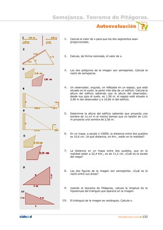 Semejanza. Teorema de Pitágoras.
MATEMÁTICAS 2º ESO 133
1. Calcula el valor de x para que los dos segmentos sean
proporcionales.
2. Calcula, de forma razonada, el valor de x.
3. Los dos polígonos de la imagen son semejantes. Calcula la
razón de semejanza.
4. Un observador, erguido, ve reflejada en un espejo, que está
situado en el suelo, la parte más alta de un edificio. Calcula la
altura del edificio sabiendo que la altura del observador,
desde sus ojos al suelo, es 1,58 m, el espejo está situado a
2,96 m del observador y a 10,66 m del edificio.
5. Determina la altura del edificio sabiendo que proyecta una
sombra de 11,14 m al mismo tiempo que un bastón de 1,61
m proyecta una sombra de 2,56 m.
6. En un mapa, a escala 1:10000, la distancia entre dos pueblos
es 10,6 cm. ¿A qué distancia, en Km., están en la realidad?
7. La distancia en un mapa entre dos pueblos, que en la
realidad están a 22,4 Km., es de 11,2 cm. ¿Cuál es la escala
del mapa?
8. Las dos figuras de la imagen son semejantes. ¿Cuál es la
razón entre sus áreas?
9. Usando el teorema de Pitágoras, calcula la longitud de la
hipotenusa del triángulo que aparece en la imagen.
10. El triángulo de la imagen es rectángulo. Calcula x.
 