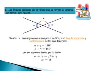 6.  Los ángulos opuestos por el vértice que se forman al cortarse dos rectas, son  iguales. Siendo   y   dos ángulos opuestos por el vértice, y un  ángulo adyacente  y  suplementario  de los dos, tenemos: por ser suplementarios, por lo tanto: 