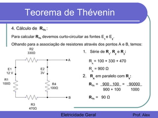 Teorema de Thévenin
Eletricidade Geral Prof. Alex
4. Cálculo de RTh :
Para calcular RTh devemos curto-circuitar as fontes E
1
e E
2
.
Olhando para a associação de resistores através dos pontos A e B, temos:
1. Série de R
1
, R
2
e R
3
:
R
A
= 100 + 330 + 470
R
A
= 900 Ω
2. R
A
em paralelo com R
4
:
RTh = . 900 . 100 .= . 90000 .
900 + 100 1000
RTh = . 90 Ω
 