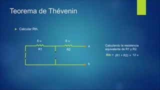  Calcular Rth.
Calculando la resistencia
equivalente de R1 y R2.
(R1 + R2) = 12 WRth =
Teorema de Thévenin
b
a
6 W 6 W
R1 R2
 