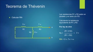  Calcular Rth
b
a
3 W
6 W
7 W
Teorema de Thévenin
Las resistencias R1 y R2 están en
paralelo y en serie con R3.
Calculando la resistencia
equivalente de R1 y R2.
Por ley de ohm
Re =
R3R1
R2
(R1 X R2)
--------------
(R1 + R2)
= 2 W
Rth = 2 W + 7W = 9W
 