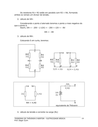 Os resistores R1+ R2 estão em paralelo com R3 + R4, formando
ambos os ramais um divisor de tensão.
2. cálculo de Vth:
Considerando o ponto d aterrado teremos o ponto a mais negativo do
que o ponto b.
Assim, Vth = - 20V - (-12V) = - 20V + 12V = - 8V
Vth = - 8V
3. cálculo de Rth:
Colocando E em curto, teremos:

Rth = 4,4Ω
equivalente de Thévenin

4. cálculo da tensão e corrente na carga (RL)
TEOREMAS DE THÉVENIN E NORTON – ELETRICIDADE BÁSICA
Prof. Edgar Zuim

14

 