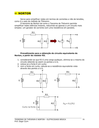  NORTON
Serve para simplificar redes em termos de correntes e não de tensões,
como é o caso do método de Thévenin.
O teorema de Norton tal como o Teorema de Thévenin permite
simplificar redes elétricas lineares, reduzindo-as apenas a um circuito mais
simples: um gerador de corrente com uma resistência em paralelo.

Procedimento para a obtenção do circuito equivalente de
Norton, a partir do resistor R3.
1. considerando-se que R3 é uma carga qualquer, elimina-se o mesmo do
circuito obtendo-se assim os pontos a e b;
2. coloca-se a fonte E em curto;
3. com a fonte em curto, calcula-se a resistência equivalente vista
através dos pontos a e b;

TEOREMAS DE THÉVENIN E NORTON – ELETRICIDADE BÁSICA
Prof. Edgar Zuim

16

 