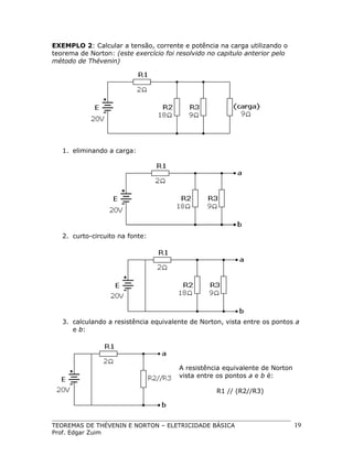 EXEMPLO 2: Calcular a tensão, corrente e potência na carga utilizando o
teorema de Norton: (este exercício foi resolvido no capitulo anterior pelo
método de Thévenin)

1. eliminando a carga:

2. curto-circuito na fonte:

3. calculando a resistência equivalente de Norton, vista entre os pontos a
e b:

A resistência equivalente de Norton
vista entre os pontos a e b é:
R1 // (R2//R3)

TEOREMAS DE THÉVENIN E NORTON – ELETRICIDADE BÁSICA
Prof. Edgar Zuim

19

 