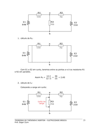 1. cálculo de RN:

Com E1 e E2 em curto, teremos entre os pontos a e b os resistores R1
e R2 em paralelo.
Assim RN =

12.3
36
=
= 2,4Ω
12 + 3
15

2. cálculo de IN:
Colocando a carga em curto:

TEOREMAS DE THÉVENIN E NORTON – ELETRICIDADE BÁSICA
Prof. Edgar Zuim

23

 