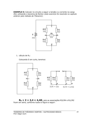 EXEMPLO 5: Calcular no circuito a seguir a tensão e a corrente na carga
(RL) utilizando o teorema de Norton (este exercício foi resolvido no capitulo
anterior pelo método de Thévenin):

1. cálculo de RN:
Colocando E em curto, teremos:

RN = 2 + 2,4 = 4,4Ω, pois as associações R3//R4 e R1//R2
ficam em série, conforme ilustra a figura a seguir:

TEOREMAS DE THÉVENIN E NORTON – ELETRICIDADE BÁSICA
Prof. Edgar Zuim

25

 