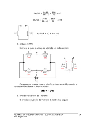 24//12 =

30//60 =

24.12
288
=
= 8Ω
24 + 12
36

30.60
1800
=
= 20Ω
30 + 60
90

RN = Rth = 20 + 8 = 28Ω

2. calculando Vth:
Retira-se a carga e calcula-se a tensão em cada resistor:

Considerando o ponto c como referência, teremos então o ponto b
menos positivo do que o ponto d, assim:

Vth = - 30V
3. circuito equivalente de Thévenin:
O circuito equivalente de Thévenin é mostrado a seguir:

TEOREMAS DE THÉVENIN E NORTON – ELETRICIDADE BÁSICA
Prof. Edgar Zuim

28

 