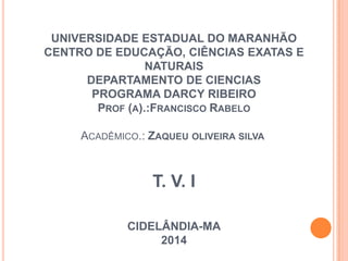 UNIVERSIDADE ESTADUAL DO MARANHÃO
CENTRO DE EDUCAÇÃO, CIÊNCIAS EXATAS E
NATURAIS
DEPARTAMENTO DE CIENCIAS
PROGRAMA DARCY RIBEIRO
PROF (A).:FRANCISCO RABELO
ACADÊMICO.: ZAQUEU OLIVEIRA SILVA

T. V. I
CIDELÂNDIA-MA
2014

 