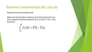 Teorema fundamental del cálculo
Segundo teorema fundamental
Dada una función f(x) continua en el intervalo [a,b] y sea
F(x) cualquier función primitiva de f, es decir F '(x) = f(x).
Entonces
 