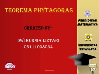 TEOREMA Phytagoras
Created by :
DWI KURNIA LIZTARI
06111008034
Pendidikan
Matematika
Universitas
Sriwijaya
 