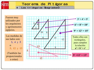 Teorema de Pitágoras 8 Los triángulos “sagrados” Fueron muy utilizados por los arquitectos y agrimensores egipcios. Las medidas de sus lados son:  3,  4  y  5   o  5,  12  y  13 (También las proporcionales a estas) 5 4 3 13 5 12 Todos ellos son  rectángulos,  pues cumplen la relación: a 2  + b 2  = c 2 3 2  + 4 2  = 5 2 6 2  + 8 2  = 10 2 9 2  + 12 2  = 15 2 5 2  +12 2  = 13 2 10 6 8 15 9 12 