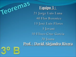 Equipo 3 :  21 Jorge Luis Luna 40 Flor Berenice 13 José Luis Flores 3 Jovani 10 Eliseo Cruz Garcia 20 Joana Prof. : David Alejandro Rivera 