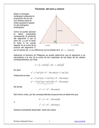 Teoremas del seno y coseno
Profesor Eduardo Flores www.crisol.tk1
Dado un triangulo
rectángulo cualquiera la
proyección de uno de
sus vértices sobre la
arista opuesta lo separa
en dos triángulos
rectángulos.
Como se puede apreciar
la altura proyectada
corresponde al producto
del segmento C por el
seno de α y por lo tanto
la base b se puede
separar en la suma de el
prducto del segmento C
por el coseno de α y su diferencia con la medida de b , ( )( )cosb c α− ⋅ .
Aplicando el teorema de Pitágoras se puede determinar que el segmento a es
equivalente a la raíz de la suma de los cuadrados de los lados de los catetos
correspondientes, por ende
( )( ) ( )( )
2 22
cosa c sen b cα α= ⋅ + − ⋅
Es decir
( ) ( ) ( )2 2 2 2 2 2
2 cos cosa c sen b bc cα α α= + − +
Ordenando la idea
( ) ( ) ( )
( ) ( )( ) ( )
2 2 2 2 2 2
2 2 2 2 2
1
cos 2 cos
cos 2 cos
a c sen c b bc
a c sen b bc
α α α
α α α
= + + −
= + + −
De donde
( )2 2 2
2 cosa c b bc α= + −
Del mismo modo, por las correspondientes proyecciones se determina que
( )2 2 2
2 cosb a b ab β= + −
Y
( )2 2 2
2 cosc a b ab γ= + −
Queda al estudiante desarrollar estos dos casos
 