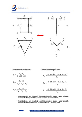 Conversão delta para estrela: Conversão estrela para delta:
 Quando temos um circuito Y com três resistores iguais, o valor de cada
resistor do Δ é igual a três vezes o valor de um resistor do Y.
 Quando temos um circuito Δ com três resistores iguais, o valor de cada
resistor do Y é igual ao valor de um resistor do Δ dividido por 3.
 