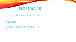 TEOREMA 10
• 𝐬𝐞𝐜 𝒙 ∙ 𝐭𝐚𝐧 𝒙 𝒅𝒙 = 𝐬𝐞𝐜 𝒙 + 𝒄
EJEMPLO
𝐬𝐞𝐜 𝒙 ∙ 𝐭𝐚𝐧 𝒙 𝒅𝒙 = 𝐬𝐞𝐜 𝒙 + 𝒄
 