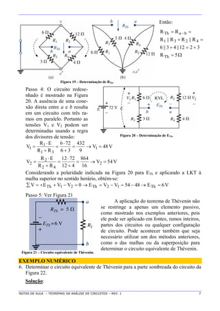 NOTAS DE AULA – TEOREMAS DA ANÁLISE DE CIRCUITOS – REV. 1 7
Figura 19 – Determinação de RTh.
Então:



 
5R
3212||43||6
R||RR||R
RR
Th
4231
baTh
Passo 4: O circuito redese-
nhado é mostrado na Figura
20. A ausência de uma cone-
xão direta entre a e b resulta
em um circuito com três ra-
mos em paralelo. Portanto as
tensões V1 e V2 podem ser
determinadas usando a regra
dos divisores de tensão: Figura 20 – Determinação de ETh.
1
1 1
1 3
2
2 2
2 4
R E 6 72 432
V V 48V
R R 6 3 9
R E 12 72 864
V V 54V
R R 12 4 16
 
    
 
 
    
 
Considerando a polaridade indicada na Figura 20 para ETh e aplicando a LKT à
malha superior no sentido horário, obtém-se:
V6E4854VVE0VVEV Th12Th21Th 
Passo 5: Ver Figura 21
Figura 21 – Circuito equivalente de Thévenin.
A aplicação do teorema de Thévenin não
se restringe a apenas um elemento passivo,
como mostrado nos exemplos anteriores, pois
ele pode ser aplicado em fontes, ramos inteiros,
partes dos circuitos ou qualquer configuração
de circuito. Pode acontecer também que seja
necessário utilizar um dos métodos anteriores,
como o das malhas ou da superposição para
determinar o circuito equivalente de Thévenin.
EXEMPLO NUMÉRICO
6. Determinar o circuito equivalente de Thévenin para a parte sombreada do circuito da
Figura 22.
Solução:
 