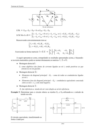 Teoremas de Circuitos
9/13
B
I
ABI
IA
E
BEA
G3
G2
G1
Nó de referência
BA
I1 I2
AB
E
LTK ! EAB - EA + EB = 0 ⇒ EAB = EA - EB
LCK Nós A e B !



−−=⇒−=⇒=+−
−+=⇒+=⇒=−−
)E(EGEGIIII0III
)E(EGEGIIII0III
BA2B32ABB2ABB2
BA2A11ABA1ABA1
Reescrevendo convenientemente tem-se:



++−=
−+=
B32A22
B2A211
)EG(GEGI
EG)EG(GI
Escrevendo na forma matricial: I G.E= ! 











−
−+
=





B
A
322
221
2
1
E
E
G+GG
GGG
I
I
A seguir apresenta-se como, extrapolando os resultados apresentados acima, e baseando-
se na teoria matemática, pode-se montar diretamente as matrizes I , E e G :
♦ Montagem direta de I :
Ii: soma algébrica das fontes de corrente ligadas ao nó i, sendo positivas as que
entram no nó em questão.
♦ Montagem direta de G :
• Elementos da diagonal principal – Gii – soma de todas as condutâncias ligadas
ao nó i;
• Elementos fora da diagonal principal – Gij – condutância equivalente conectada
entre os nós i e j, com sinal negativo.
♦ Montagem direta de E :
Ei :faz referência a tensão do nó i em relação ao nó de referência.
Exemplo 5: Determinar para o circuito abaixo as tensões EA e EB utilizando-se o método da
tensão nos nós.
10 V
20 V
+ -
-
+
Ref.A
B
3 Ω
2 Ω
5 Ω
4 Ω 2 Ω
O circuito equivalente, transformando as
fontes é dado por:
B
0,25 S 0,5 S0,5 S0,2 S2 A
0,33 S
A Ref.
20/3 A
 