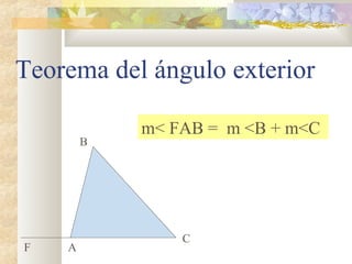Teorema del ángulo exterior
m< FAB = m <B + m<C
A
B
C
F
 