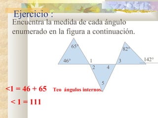 Ejercicio :
Encuentra la medida de cada ángulo
enumerado en la figura a continuación.
65°
46° 1
2
5
4
3
82°
142°
Teo ángulos internos.
< 1 = 111
<1 = 46 + 65
 