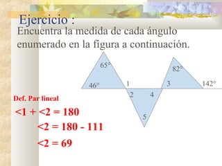 Ejercicio :
Encuentra la medida de cada ángulo
enumerado en la figura a continuación.
<2 = 69
<1 + <2 = 180
65°
46° 1
2
5
4
3
82°
142°
Def. Par lineal
<2 = 180 - 111
 