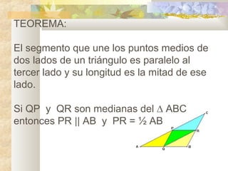 TEOREMA:
El segmento que une los puntos medios de
dos lados de un triángulo es paralelo al
tercer lado y su longitud es la mitad de ese
lado.
Si QP y QR son medianas del ∆ ABC
entonces PR || AB y PR = ½ AB
 
