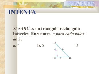 INTENTA
Si ∆ABC es un triangulo rectángulo
isósceles. Encuentra s para cada valor
de h.
a. 4 b. 5 c. 32
 