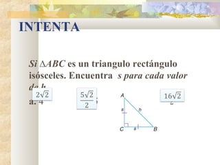 INTENTA
Si ∆ABC es un triangulo rectángulo
isósceles. Encuentra s para cada valor
de h.
a. 4 b. 5 c. 32
 