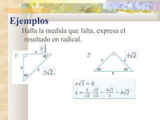 Ejemplos
Halla la medida que falta, expresa el
resultado en radical.
1 2
55
 