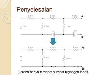 Penyelesaian
(karena hanya terdapat sumber tegangan ideal)
 