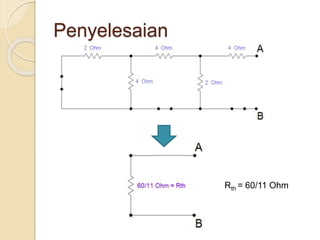 Penyelesaian
Rth = 60/11 Ohm
 