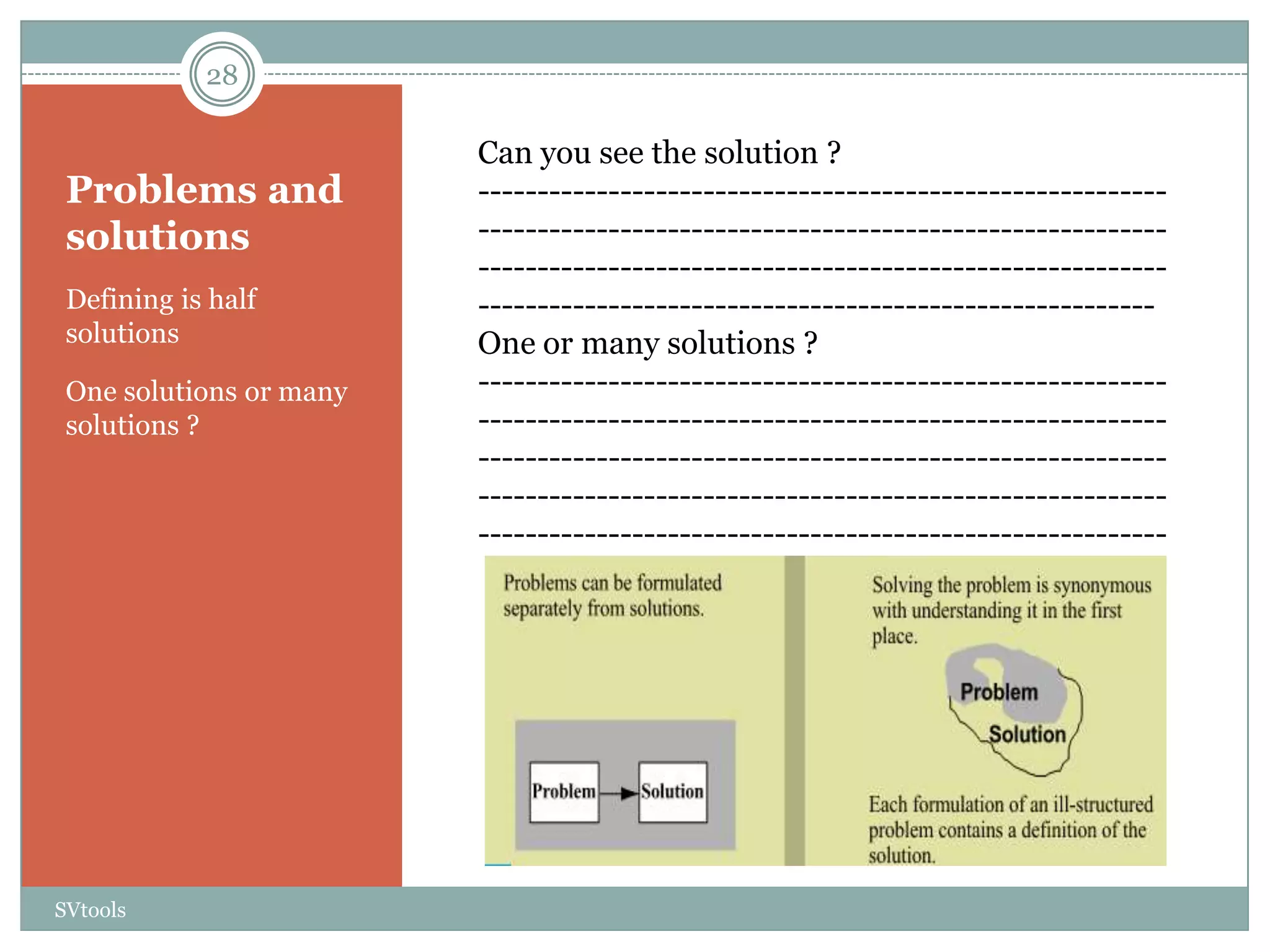 28

                         Can you see the solution ?
 Problems and            ----------------------------------------------------------
 solutions               ----------------------------------------------------------
                         ----------------------------------------------------------
 Defining is half        ---------------------------------------------------------
 solutions               One or many solutions ?
 One solutions or many   ----------------------------------------------------------
 solutions ?             ----------------------------------------------------------
                         ----------------------------------------------------------
                         ----------------------------------------------------------
                         ----------------------------------------------------------




SVtools
 