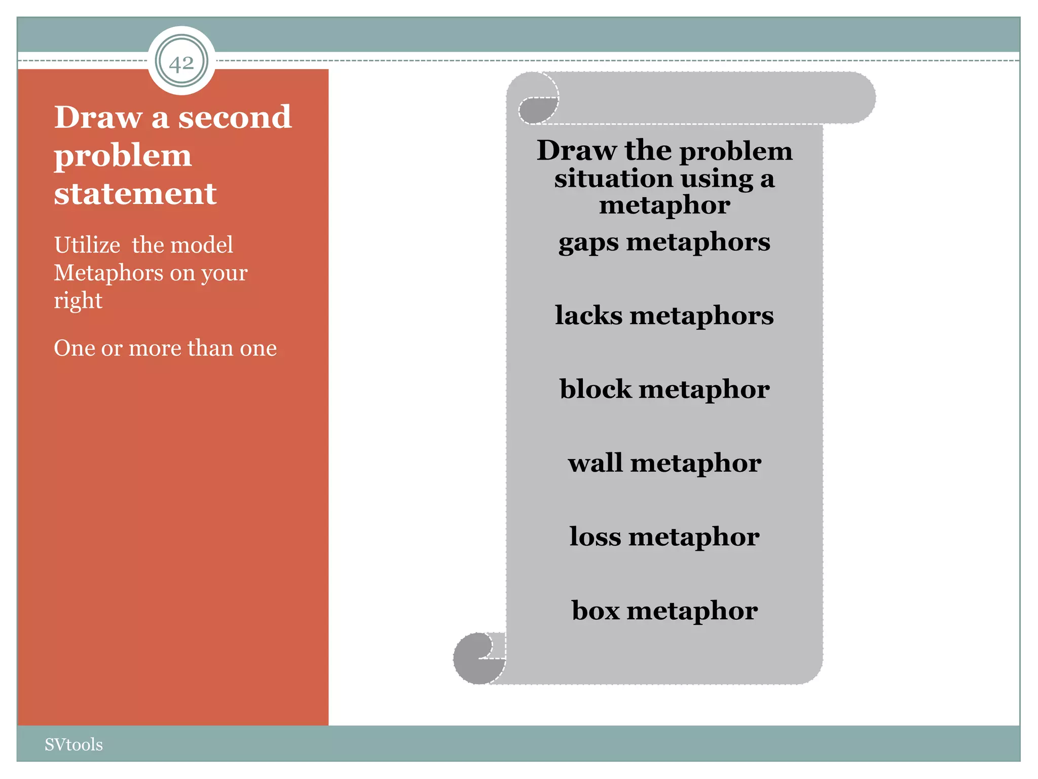 42

 Draw a second
 problem                Draw the problem
                         situation using a
 statement                   metaphor
 Utilize the model       gaps metaphors
 Metaphors on your
 right
                         lacks metaphors
 One or more than one
                         block metaphor

                          wall metaphor

                          loss metaphor

                          box metaphor




SVtools
 