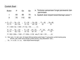 Contoh Soal :
Bulan

P

QS

QD

I

50

80

70

II

70

110

a. Tentukan persamaan fungsi penawaran dan
permintaan
b. Apakah akan terjadi keseimbanagn pasar ?

60

a. P – P1 = QS – Q1
P2 – P 1
QS2 – QS1



P – 50
70 – 50

= QS – 80
100 – 80



P – 50
20

=

Q S – 80
30

P – 1.500 = QS – 1.600 → P = QS – 100 ………. (1)
P – P1 = QD – QD1
P2 – P 1
QD2 – QD1



P – 50
70 – 50

= QD – 70
60 – 70



P – 50
20

Q D – 80
=
–10

P + 500 = 20QD – 1.600 → P = 20QD – 2.100 atau P = Qd = -105 ………(2)
b. Dari pers (1) dan pers (2) dapat dihitung bahwa pada harga P yang sama, jumlah barang yang
diminta (Qs ) tidak sama dengan jumlah barang yang ditawarkan (Qd ).
, QS = 100 dan QD = 105 , maka tidak terjadi keseimbangan

 