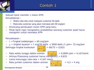 26
Contoh 1
Sebuah bank memiliki 1 mesin ATM.
Kenyataanya :
 Waktu rata-rata untuk melayani customer 50 detik
 Rata-rata customer yang akan memakai atm 60 org/jam
 Dirancang pembuatan mesin ATM yang baru.
 Pihak bank ingin mengetahui probabilitas seorang customer pasti harus
mengantri untuk memakai ATM
Penyelesaian :
  =Tingkat kedatangan = 60 org/jam
  = tingkat layanan = 1 org/50 detik x 3600 detik /1 jam= 72 org/jam
Sehingga tingkat kesibukan = 60/72 = 0,833
 Rata waktu tunggu dalam antrian = 0,0694 jam = 4,167menit
 Artinya P(seorang customer harus mengantri) = 0,833
 Lama menunggu rata-rata = 4,167 menit
 Rata jumlah customer dalam antrian = 4,2 = 4 org


 =
)
( 




=
q
t
)
(
2





=
q
n
Pemrograman Simulasi
 