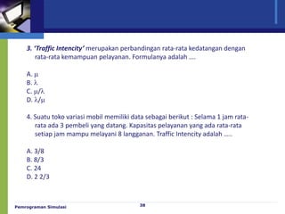 Pemrograman Simulasi 38
3. ‘Traffic Intencity’ merupakan perbandingan rata-rata kedatangan dengan
rata-rata kemampuan pelayanan. Formulanya adalah ….
A. 
B. 
C. /
D. /
4. Suatu toko variasi mobil memiliki data sebagai berikut : Selama 1 jam rata-
rata ada 3 pembeli yang datang. Kapasitas pelayanan yang ada rata-rata
setiap jam mampu melayani 8 langganan. Traffic Intencity adalah …..
A. 3/8
B. 8/3
C. 24
D. 2 2/3
 