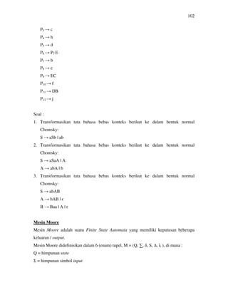 102
P3 → c
P4 → h
P5 → d
P6 → P7 E
P7 → b
P8 → e
P9 → EC
P10 → f
P11 → DB
P12 → j
Soal :
1. Transformasikan tata bahasa bebas konteks berikut ke dalam bentuk normal
Chomsky:
S → aSb | ab
2. Transformasikan tata bahasa bebas konteks berikut ke dalam bentuk normal
Chomsky:
S → aSaA | A
A → abA | b
3. Transformasikan tata bahasa bebas konteks berikut ke dalam bentuk normal
Chomsky:
S → abAB
A → bAB | є
B → Baa | A | є
Mesin Moore
Mesin Moore adalah suatu Finite State Automata yang memiliki keputusan beberapa
keluaran / output.
Mesin Moore didefinisikan dalam 6 (enam) tupel, M = (Q, ∑, δ, S, ∆, λ ), di mana :
Q = himpunan state
Σ = himpunan simbol input
 