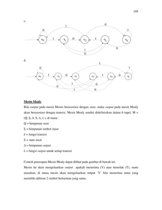 105
c.
d.
Mesin Mealy
Bila output pada mesin Moore berasosiasi dengan state, maka output pada mesin Mealy
akan berasosiasi dengan transisi. Mesin Mealy sendiri didefinisikan dalam 6 tupel, M =
(Q, Σ, δ, S, ∆, λ ), di mana :
Q = himpunan state
Σ = himpunan simbol input
δ = fungsi transisi
S = state awal
∆ = himpunan output
λ = fungsi output untuk setiap transisi
Contoh penerapan Mesin Mealy dapat dilihat pada gambar di bawah ini.
Mesin itu akan mengeluarkan output apakah menerima (Y) atau menolak (T), suatu
masukan, di mana mesin akan mengeluarkan output ’Y’ bila menerima untai yang
memiliki akhiran 2 simbol berturutan yang sama.
0
1
1 0 1
0
1
0
1
0
0 1 2 3 4
0
01
1
1
01
0
0
1
0
1
0 1 2 3 4 5
 