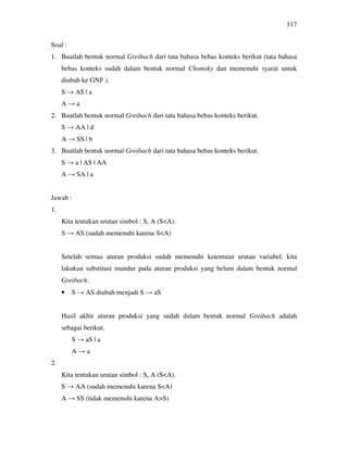 117
Soal :
1. Buatlah bentuk normal Greibach dari tata bahasa bebas konteks berikut (tata bahasa
bebas konteks sudah dalam bentuk normal Chomsky dan memenuhi syarat untuk
diubah ke GNF ).
S → AS | a
A → a
2. Buatlah bentuk normal Greibach dari tata bahasa bebas konteks berikut.
S → AA | d
A → SS | b
3. Buatlah bentuk normal Greibach dari tata bahasa bebas konteks berikut.
S → a | AS | AA
A → SA | a
Jawab :
1.
Kita tentukan urutan simbol : S, A (S<A).
S → AS (sudah memenuhi karena S<A)
Setelah semua aturan produksi sudah memenuhi ketentuan urutan variabel, kita
lakukan substitusi mundur pada aturan produksi yang belum dalam bentuk normal
Greibach.
• S → AS diubah menjadi S → aS
Hasil akhir aturan produksi yang sudah dalam bentuk normal Greibach adalah
sebagai berikut.
S → aS | a
A → a
2.
Kita tentukan urutan simbol : S, A (S<A).
S → AA (sudah memenuhi karena S<A)
A → SS (tidak memenuhi karena A>S)
 