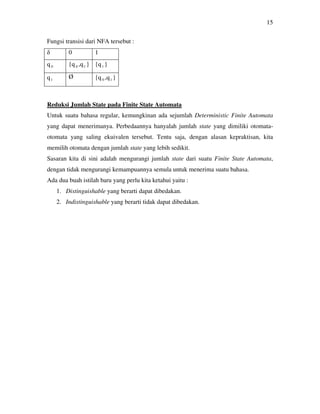 15
Fungsi transisi dari NFA tersebut :
Reduksi Jumlah State pada Finite State Automata
Untuk suatu bahasa regular, kemungkinan ada sejumlah Deterministic Finite Automata
yang dapat menerimanya. Perbedaannya hanyalah jumlah state yang dimiliki otomata-
otomata yang saling ekuivalen tersebut. Tentu saja, dengan alasan kepraktisan, kita
memilih otomata dengan jumlah state yang lebih sedikit.
Sasaran kita di sini adalah mengurangi jumlah state dari suatu Finite State Automata,
dengan tidak mengurangi kemampuannya semula untuk menerima suatu bahasa.
Ada dua buah istilah baru yang perlu kita ketahui yaitu :
1. Distinguishable yang berarti dapat dibedakan.
2. Indistinguishable yang berarti tidak dapat dibedakan.
δ 0 1
q0 {q0 ,q1 } {q1 }
q1
Ø {q0 ,q1 }
 