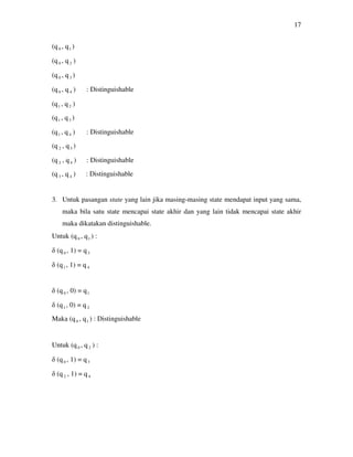 17
(q 0 , q1 )
(q 0 , q2 )
(q 0 , q3 )
(q 0 , q4 ) : Distinguishable
(q1 , q2 )
(q1 , q3 )
(q1 , q4 ) : Distinguishable
(q 2 , q3 )
(q 2 , q4 ) : Distinguishable
(q3 , q4 ) : Distinguishable
3. Untuk pasangan state yang lain jika masing-masing state mendapat input yang sama,
maka bila satu state mencapai state akhir dan yang lain tidak mencapai state akhir
maka dikatakan distinguishable.
Untuk (q0 , q1 ) :
δ (q0 , 1) = q3
δ (q1 , 1) = q4
δ (q0 , 0) = q1
δ (q1 , 0) = q2
Maka (q0 , q1 ) : Distinguishable
Untuk (q0 , q2 ) :
δ (q0 , 1) = q3
δ (q2 , 1) = q4
 