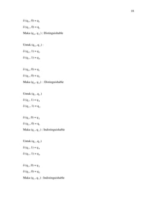 18
δ (q0 , 0) = q1
δ (q2 , 0) = q1
Maka (q0 , q 2 ) : Distinguishable
Untuk (q0 , q3 ) :
δ (q0 , 1) = q3
δ (q3 , 1) = q4
δ (q0 , 0) = q1
δ (q3 , 0) = q2
Maka (q0 , q3 ) : Distinguishable
Untuk (q1 , q 2 )
δ (q1 , 1) = q4
δ (q2 , 1) = q4
δ (q1 , 0) = q2
δ (q2 , 0) = q1
Maka (q1 , q2 ) : Indistinguishable
Untuk (q1 , q3 )
δ (q1 , 1) = q4
δ (q3 , 1) = q4
δ (q1 , 0) = q2
δ (q3 , 0) = q2
Maka (q1 , q3 ) : Indistinguishable
 