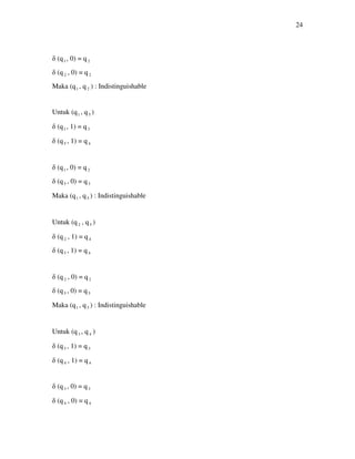 24
δ (q1 , 0) = q2
δ (q2 , 0) = q2
Maka (q1 , q2 ) : Indistinguishable
Untuk (q1 , q5 )
δ (q1 , 1) = q3
δ (q5 , 1) = q4
δ (q1 , 0) = q2
δ (q5 , 0) = q5
Maka (q1 , q5 ) : Indistinguishable
Untuk (q2 , q5 )
δ (q2 , 1) = q4
δ (q5 , 1) = q4
δ (q2 , 0) = q2
δ (q5 , 0) = q5
Maka (q1 , q5 ) : Indistinguishable
Untuk (q3 , q4 )
δ (q3 , 1) = q3
δ (q4 , 1) = q4
δ (q3 , 0) = q3
δ (q4 , 0) = q4
 