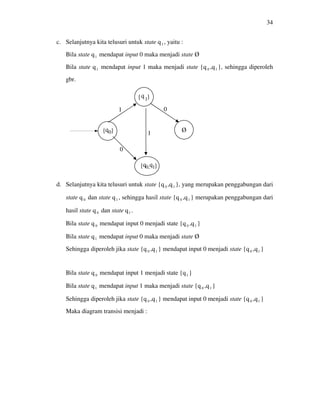34
c. Selanjutnya kita telusuri untuk state q1 , yaitu :
Bila state q1 mendapat input 0 maka menjadi state Ø
Bila state q1 mendapat input 1 maka menjadi state {q 0 ,q1 }, sehingga diperoleh
gbr.
q
q
q q
d. Selanjutnya kita telusuri untuk state {q0 ,q1 }, yang merupakan penggabungan dari
state q 0 dan state q1 , sehingga hasil state {q0 ,q1 } merupakan penggabungan dari
hasil state q0 dan state q1 .
Bila state q0 mendapat input 0 menjadi state {q0 ,q1 }
Bila state q1 mendapat input 0 maka menjadi state Ø
Sehingga diperoleh jika state {q0 ,q1 } mendapat input 0 menjadi state {q0 ,q1 }
Bila state q0 mendapat input 1 menjadi state {q1 }
Bila state q1 mendapat input 1 maka menjadi state {q0 ,q1 }
Sehingga diperoleh jika state {q0 ,q1 } mendapat input 0 menjadi state {q0 ,q1 }
Maka diagram transisi menjadi :
{
1
0, 1}
Ø
0
0
1
1}
}{
0{
 