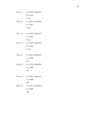 43
δ’
(q0 , a ) = є_cl (δ (є_cl(q0),a))
= є_cl (q2)
= { q2 }
δ’
(q0 , b ) = є_cl (δ (є_cl(q0),b))
= є_cl (q3)
= { q3 }
δ’
(q1 , a ) = є_cl (δ (є_cl(q1),a))
= є_cl (q2)
= { q2 }
δ’
(q1 , b ) = є_cl (δ (є_cl(q1),b))
= є_cl (q2)
= { q3 }
δ’
(q2 , a ) = є_cl (δ (є_cl(q2),a))
= є_cl (Ø)
= Ø
δ’
(q2 , b ) = є_cl (δ (є_cl(q2),b))
= є_cl (Ø)
= Ø
δ’
(q3 , a ) = є_cl (δ (є_cl(q3),a))
= є_cl (Ø)
= Ø
δ’
(q3 , b ) = є_cl (δ (є_cl(q3),b))
= є_cl (Ø)
= Ø
 