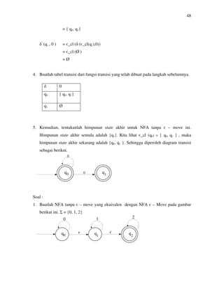 48
= { q0, q1}
δ’
(q1 , 0 ) = є_cl (δ (є_cl(q1),0))
= є_cl (Ø )
= Ø
4. Buatlah tabel transisi dari fungsi transisi yang telah dibuat pada langkah sebelumnya.
5. Kemudian, tentukanlah himpunan state akhir untuk NFA tanpa є – move ini.
Himpunan state akhir semula adalah {q1}. Kita lihat є_cl (q0) = { q0, q1 } , maka
himpunan state akhir sekarang adalah {q0, q1 }. Sehingga diperoleh diagram transisi
sebagai berikut.
Soal :
1. Buatlah NFA tanpa є – move yang ekuivalen dengan NFA є – Move pada gambar
berikut ini. Σ = {0, 1, 2}
δ 0
q0 { q0, q1}
q1 Ø
00 1
0
0 1 2
0 1 2
єє
 