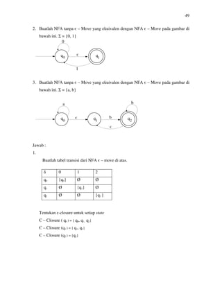 49
2. Buatlah NFA tanpa є – Move yang ekuivalen dengan NFA є – Move pada gambar di
bawah ini. Σ = {0, 1}
3. Buatlah NFA tanpa є – Move yang ekuivalen dengan NFA є – Move pada gambar di
bawah ini. Σ = {a, b}
Jawab :
1.
Buatlah tabel transisi dari NFA є – move di atas.
Tentukan є-closure untuk setiap state
Є – Closure ( q0 ) = { q0, q1, q2}
Є – Closure (q1 ) = { q1, q2}
Є – Closure (q2 ) = {q2}
δ 0 1 2
q0 {q0} Ø Ø
q1 Ø {q1} Ø
q2 Ø Ø {q2 }
0 1
0
1
є
0 1 2
є
ba
bє
 