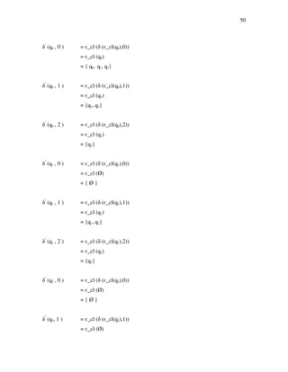 50
δ’
(q0 , 0 ) = є_cl (δ (є_cl(q0),0))
= є_cl (q0)
= { q0, q1, q2}
δ’
(q0 , 1 ) = є_cl (δ (є_cl(q0),1))
= є_cl (q1)
= {q1, q2}
δ’
(q0 , 2 ) = є_cl (δ (є_cl(q0),2))
= є_cl (q2)
= {q2}
δ’
(q1 , 0 ) = є_cl (δ (є_cl(q1),0))
= є_cl (Ø)
= { Ø }
δ’
(q1 , 1 ) = є_cl (δ (є_cl(q1),1))
= є_cl (q1)
= {q1, q2}
δ’
(q1 , 2 ) = є_cl (δ (є_cl(q1),2))
= є_cl (q2)
= {q2}
δ’
(q2 , 0 ) = є_cl (δ (є_cl(q2),0))
= є_cl (Ø)
= { Ø }
δ’
(q2, 1 ) = є_cl (δ (є_cl(q2),1))
= є_cl (Ø)
 