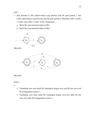 54
Soal :
1. Bila diketahui L (M1) adalah bahasa yang diterima oleh M1 pada gambar 1, dan
L(M2) adalah bahasa yang diterima oleh M2 pada gambar 2. Diketahui L(M3) = L(M1)
+ L(M2), serta L(M4) = L(M1) L(M2). Gambarkan :
a. Mesin M3 yang menerima bahasa L(M3).
b. Mesin M4 yang menerima bahasa L(M4).
Mesin M1
Mesin M2
Jawab :
a.
1. Tambahkan state awal untuk M3, hubungkan dengan state awal M1 dan state awal
M2 menggunakan transisi є.
2. Tambahkan state akhir untuk M3, hubungkan dengan state-state akhir M1 dan
state-state akhir M2 menggunakan transisi є.
0
1
0, 1
0 1
0
0
11
1
0
0 1 2
 