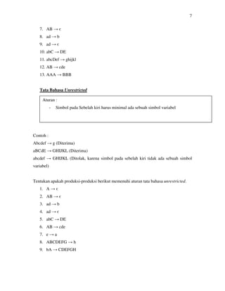 7
7. AB → є
8. ad → b
9. ad → є
10. abC → DE
11. abcDef → ghijkl
12. AB → cde
13. AAA → BBB
Tata Bahasa Unrestricted
Contoh :
Abcdef → g (Diterima)
aBCdE → GHIJKL (Diterima)
abcdef → GHIJKL (Ditolak, karena simbol pada sebelah kiri tidak ada sebuah simbol
variabel)
Tentukan apakah produksi-produksi berikut memenuhi aturan tata bahasa unrestricted.
1. A → є
2. AB → є
3. ad → b
4. ad → є
5. abC → DE
6. AB → cde
7. e → a
8. ABCDEFG → h
9. bA → CDEFGH
Aturan :
- Simbol pada Sebelah kiri harus minimal ada sebuah simbol variabel
 
