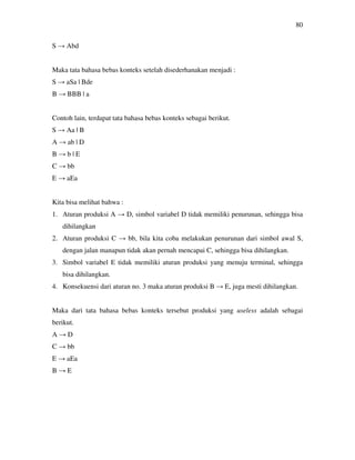 80
S → Abd
Maka tata bahasa bebas konteks setelah disederhanakan menjadi :
S → aSa | Bde
B → BBB | a
Contoh lain, terdapat tata bahasa bebas konteks sebagai berikut.
S → Aa | B
A → ab | D
B → b | E
C → bb
E → aEa
Kita bisa melihat bahwa :
1. Aturan produksi A → D, simbol variabel D tidak memiliki penurunan, sehingga bisa
dihilangkan
2. Aturan produksi C → bb, bila kita coba melakukan penurunan dari simbol awal S,
dengan jalan manapun tidak akan pernah mencapai C, sehingga bisa dihilangkan.
3. Simbol variabel E tidak memiliki aturan produksi yang menuju terminal, sehingga
bisa dihilangkan.
4. Konsekuensi dari aturan no. 3 maka aturan produksi B → E, juga mesti dihilangkan.
Maka dari tata bahasa bebas konteks tersebut produksi yang useless adalah sebagai
berikut.
A → D
C → bb
E → aEa
B → E
 
